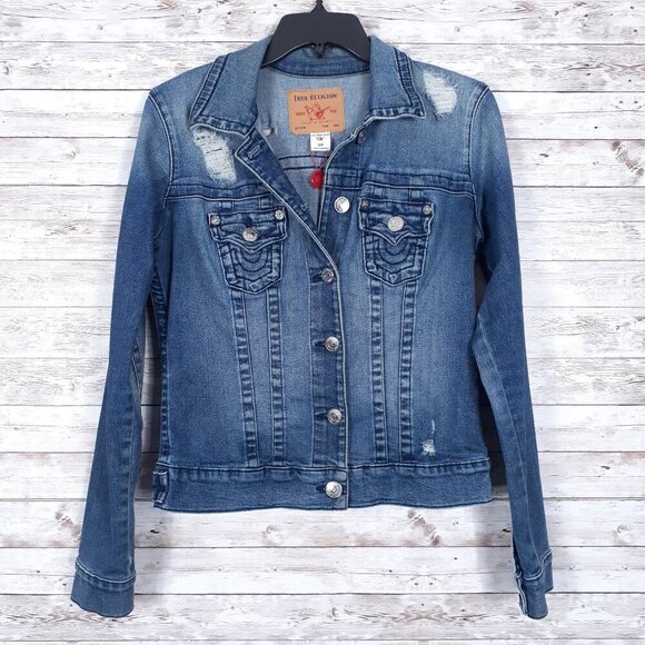 True Religion Jackets & Blazers - True Religion Womens Denim Trucker Jacket S Destroyed Stretch Blue Jean 263